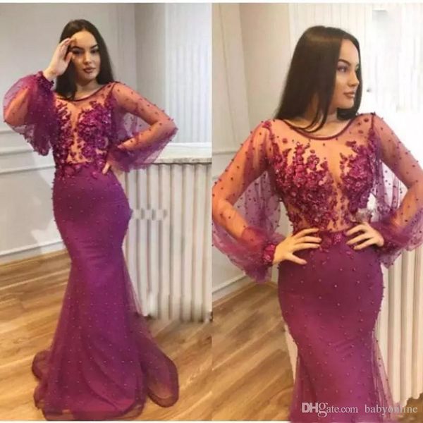 

amazing grape mermaid prom dresses for black girls sheer see through poet long sleeve appliques beads evening gowns custom made