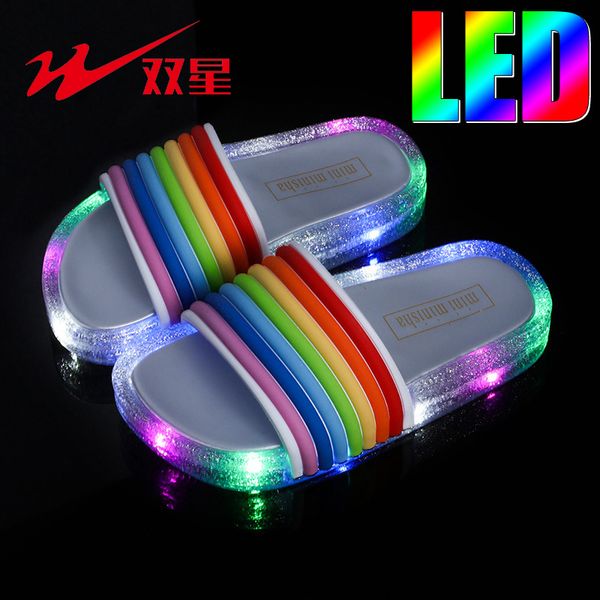 

double star rainbow slippers for boys and girls princess shoes outdoor home led flash lamp with lamp jelly cool slippers, Black;grey