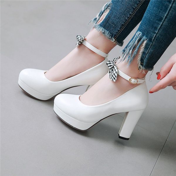 

2019 lolita sweet plaid bowtie ankle strap party mary jane shoes white pink beige office wedding high heel pumps shoe, Black