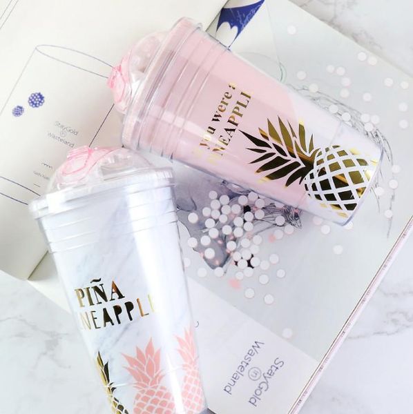 

the latest 14.2oz creative double-layer plastic straw cup, pineapple slide portable portable cup, support custom logo and sty