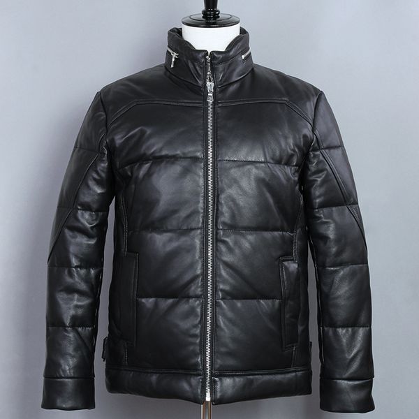 

men sheepskin white duck down slim stand collar black winter coat genuine leather jacket