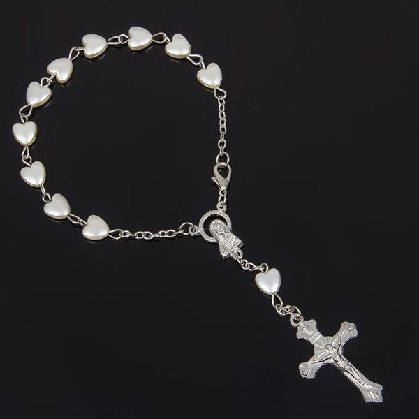 

48pcs/lot religious bracelet silver love pearl imitation rosary children's communion baby's baptism favors catholic mini rosary, Golden;silver
