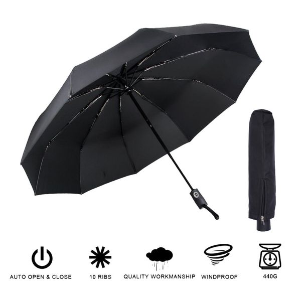 

wind resistant folding automatic umbrella rain women and men black coating sunscreen 118cm 10k parasol with gift box -fz