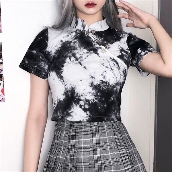 

2020 women's simple wind tie dyed metal butterfly butterfly hook button short sleeve top, White