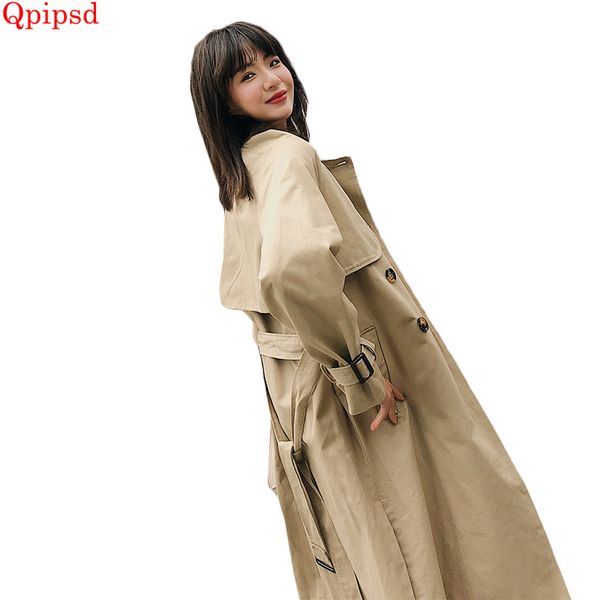 

2019 весна корейских новых длинные плащей тонких тонких ветровок женских женская случайные свободная шинель женщины двубортные пальто, Tan;black