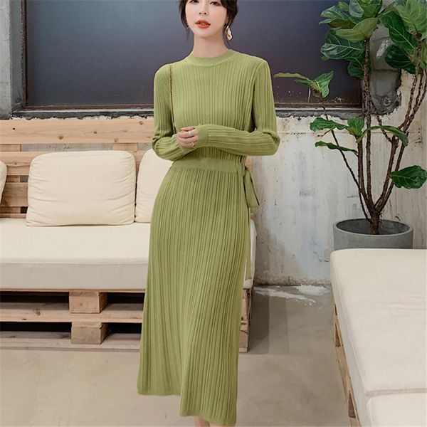 

korean autumn knitted dress women sweater dress elegant woman high waist bottom sweaters dresses woman stretch sweaters dresses, Black;gray