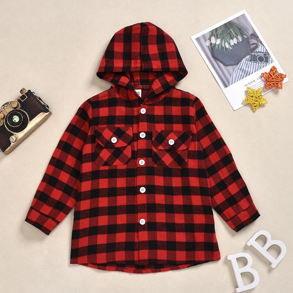 

2019 small and medium-sized children's plaid shirt loose pocket hooded long sleeve shirt cardigan, White;black