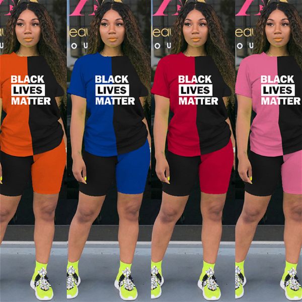 

black lives matter fashion women shorts sets two piece t-shirt + shorts brand outfits casual summer patchwork tracksuit d6813, Gray