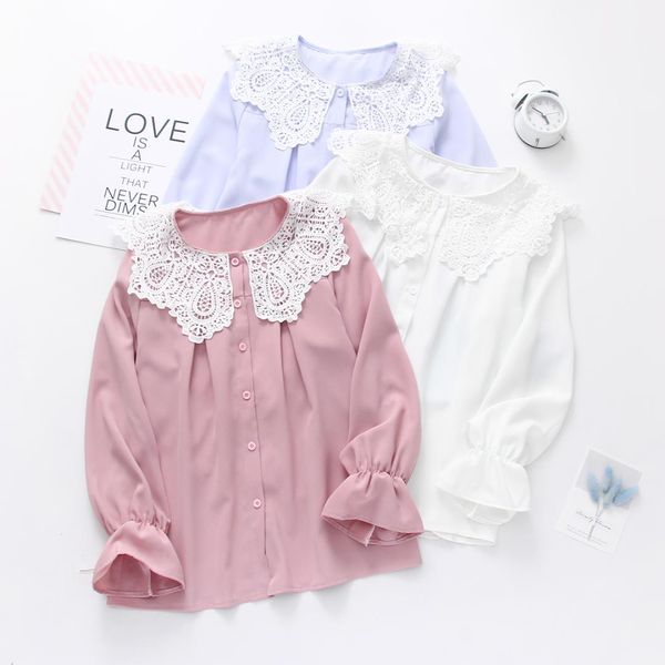 

2019 spring long sleeved blouses sweet lace chiffon patchwork blouse shirt women's sweet o neck flare sleeve, White
