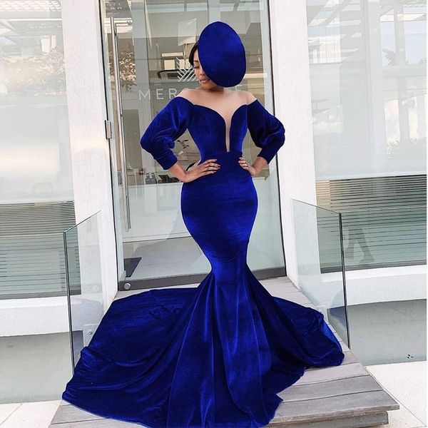 Hot Sale Blue Mermaid mangas compridas Vestidos Sheer Mergulhando Neck Prom Vestidos trem da varredura Velvet Plus Size vestido formal