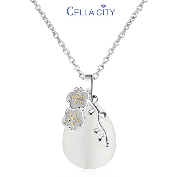 

cellacity cherry blossoms necklace for women short clavicle chain female silver 925 jewelry water drop shaped cat'eyes pendant