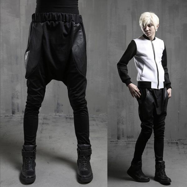 

27-44 new fashion trendy men street dance hari style leather spliced big pocket performance hip hop pants plus size harem pan, Black