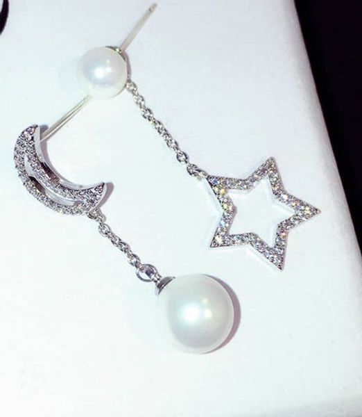

wholesale-new trendy fashion luxury designer lovely cute moon star pearl pendant stud earrings for woman girls, Golden;silver