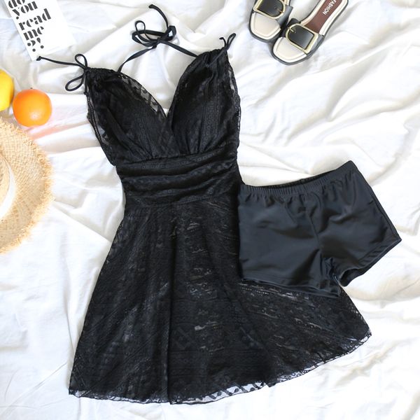 

new lace young girl push up black skirt style one piece swimsuit beach wear women swimwear bathing suits