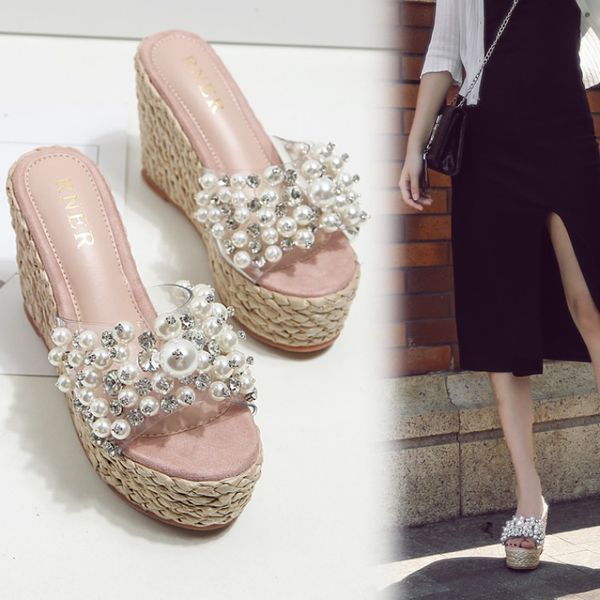 

shoes string bead slippers casual women heels on a wedge slides pantofle jelly flip flops platform high summer 2020 thin, Black