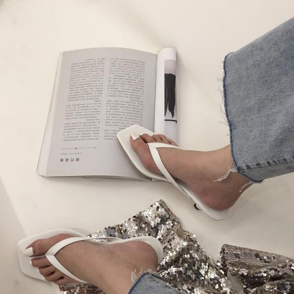 

rubber flip flops square toe flat shoes female slippers women summer thin heels slides pantofle fashion hawaiian 2020, Black