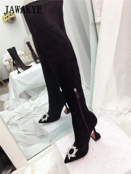 

новый сексуальный бегум кристалл воротник над коленом ботинки женщин черные замшевые кожа кубок высокий каблук бедро высокие сапоги ботинки, Black
