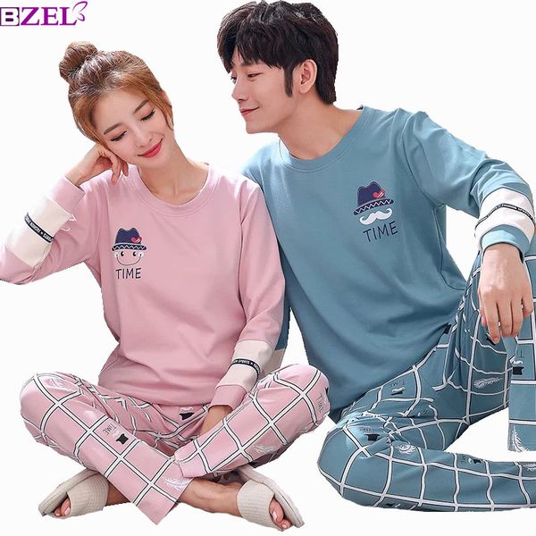

spring and autumn lover's pajama set cotton men and women couples sleepwear all-cotton korean style comfort leisure housewear, Blue;gray