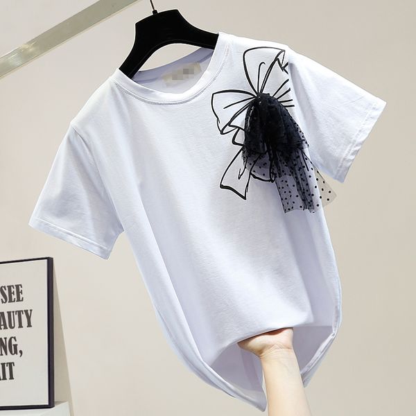 

beaded mesh with bow short sleeve t-shirt for women 2020 new female ladies cotton tshirt summer top, White