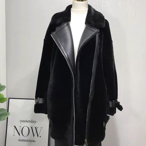 

genuine merino sheepskin leather jacket real fur coat women motocycle 2019 new fashion winter coat women plus size, Black