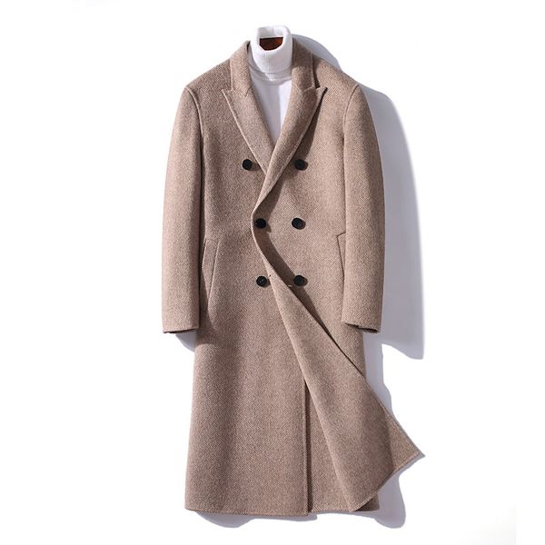

paulkonte autumn winter men's gray brown long coat casual business wild gentleman simple double breasted men's jacket, Black