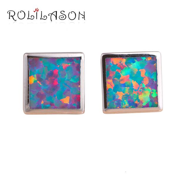 

rolilason stylish square style orange & green fire opal birthday gift silver stamped stud earrings fashion jewelry oe595, Golden;silver