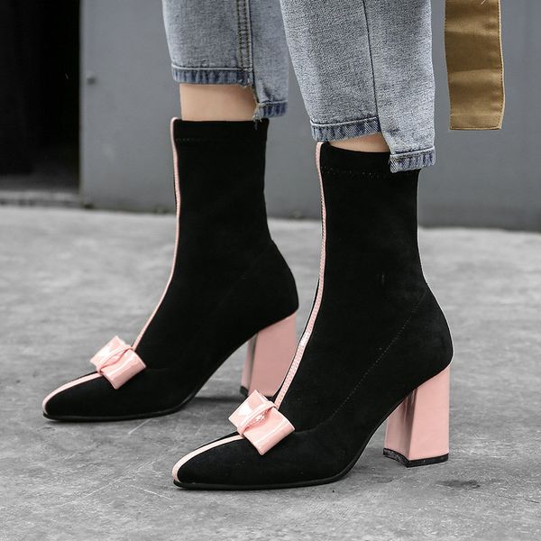 

sweet bow ankle boots women faux suede square high heel stretch boots slip on fashion pointed toe autumn winter ladies shoes, Black