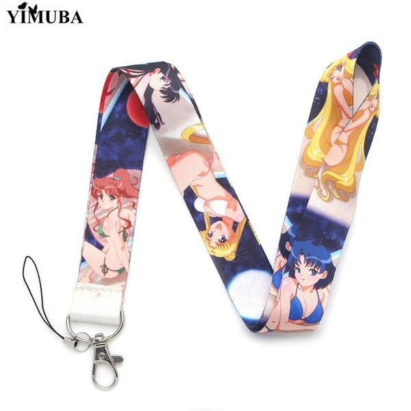 

yimuba anime sailor moon super girl lanyard keychain cute cartoon print ribbon neck straps cell phone hanging rope with keyring, Silver