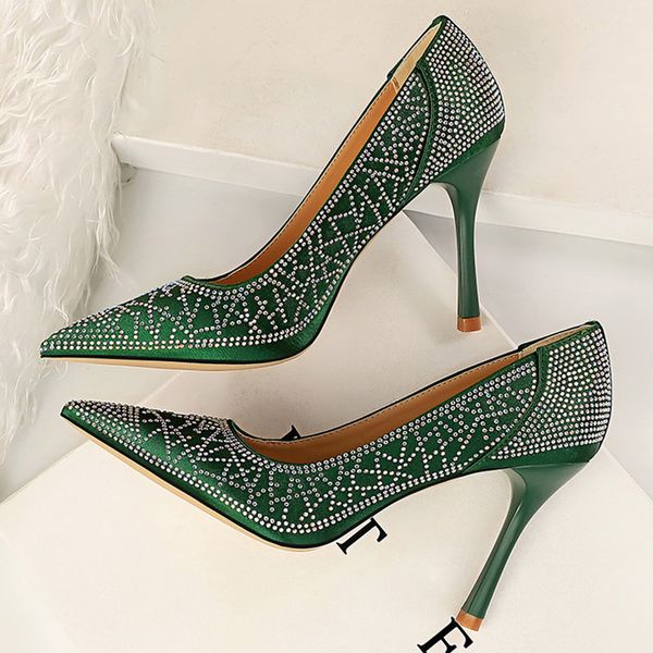 

2020 women 9.5cm high heels scarpins crystal glitter pumps lady wedding green burgundy heels fetish satin valentine shoes, Black