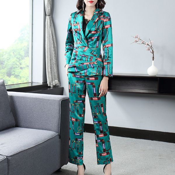 

women's suit new collar chain print jacket + nine points straight pants suit professional wear formal women's set, White;black