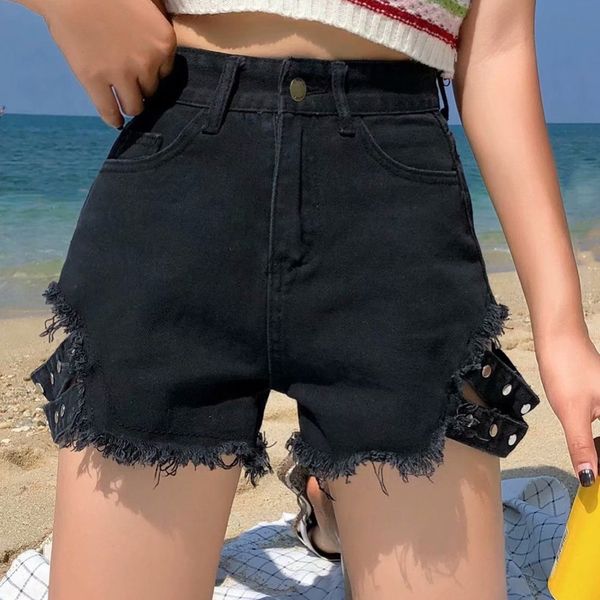 

2019 summer new fashion loose black wide leg high waist denim shorts jeans shorts, White;black
