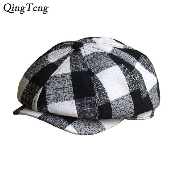 

2019 spring summer new vintage plaid men berets caps linen women newsboy hat casual octagonal cap adjustable british painter hat, Blue;gray