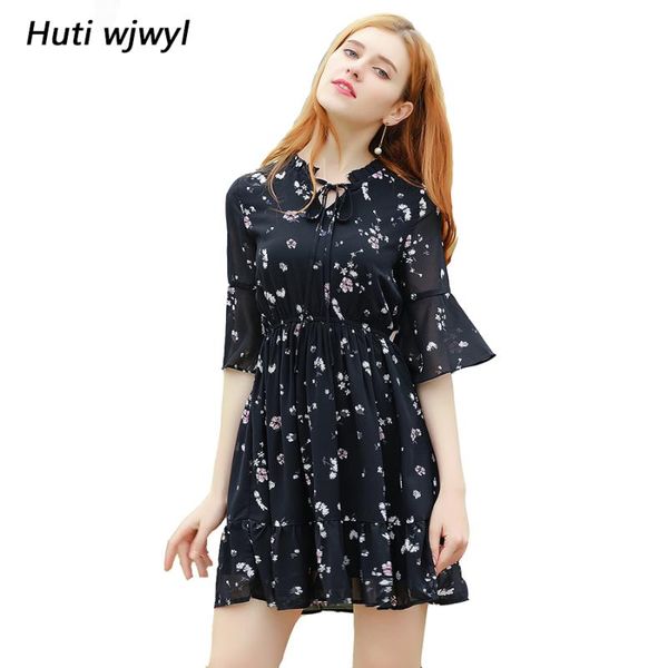 

huti wjwyl new floral print sweet chiffon fresh dress women literary party half sleeve lady dress beach holiday a-line vestidos, Black;gray