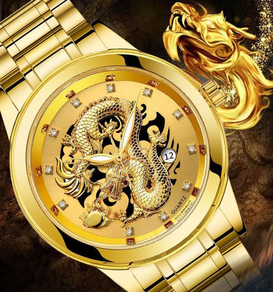 

dragon skeleton calendar quartz watches for men wrist watch stainless steel strap gold clock 50m waterproof mens hodinky drop shipping, Slivery;brown