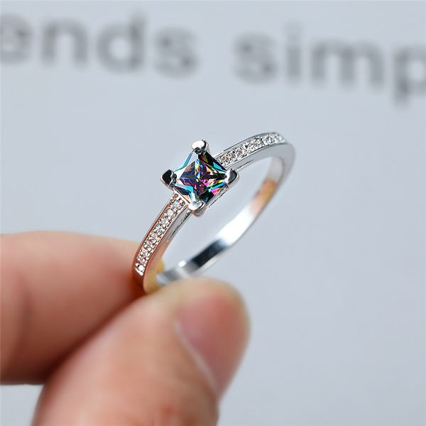 

cluster rings female rainbow crystal stone ring dainty zircon silver wedding for women vintage bridal square engagement, Golden;silver