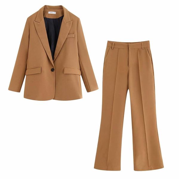 

khaki casual suits women blazer-set single button pocket full sleeve & flared trousers stylish office lady coat femme suits, White;black