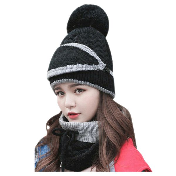

girl warm ski hat big fur pompoms ball knitted hats scarf hat set winter women beanie hat thick skullies female cap 3pc suit, Black;white
