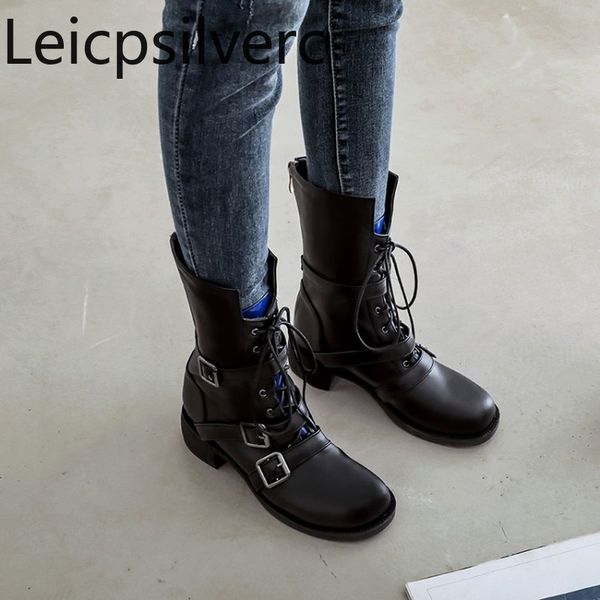 

women's boots autumn and winter the new round head lace-up color matching low-heeled middle tube women's shoes plus size 34-48, Black
