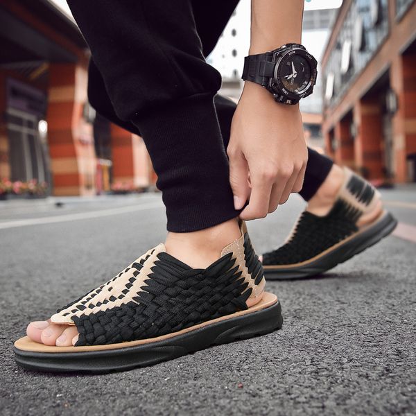 

summer men beach sandals handmade knitted fashion fish mouth casual shoes elastic band flat heel gladiator sandals size 38-45, Black