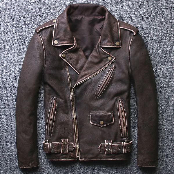 

dark brown vintage man genuine leather jackets cow leather slim plus size coats, Black