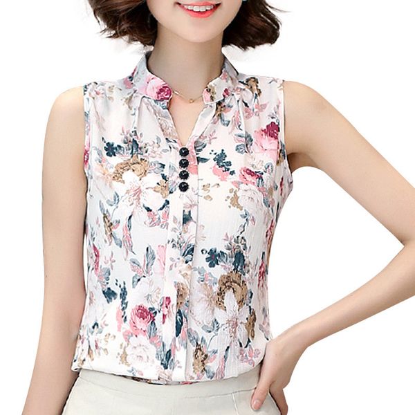 

women's blouses & shirts woman fashion summer blouse v neck sleeveless butterfly print casual chiffon linen lady blusas, White