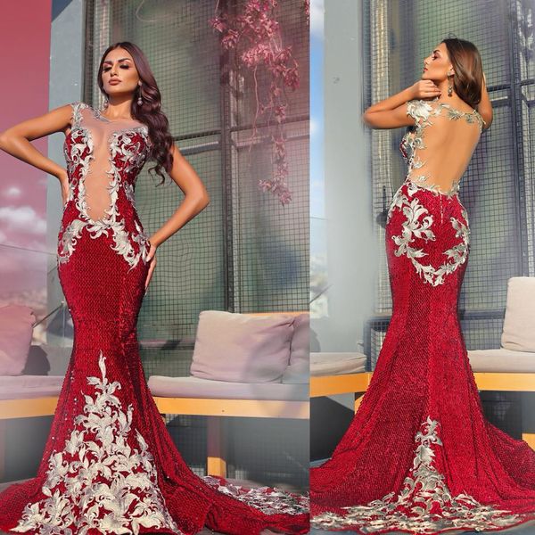 

red evening dresses jewel neck silver lace appliques backless sweep train mermaid prom dress custom made formal party gowns, Black;red