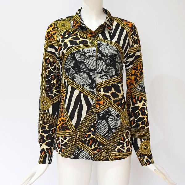 

весна лето женщин печатные рубашки с длинным рукавом v шея женской вскользь шифон рубашкой сыпучей блузка дамы, White