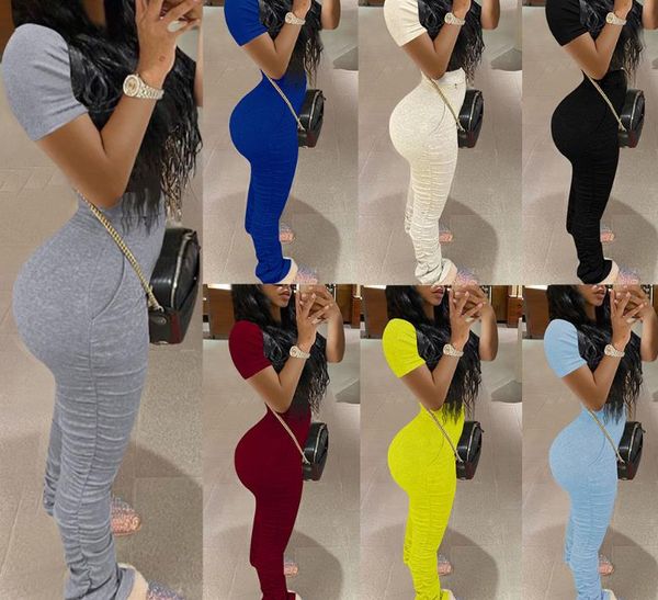

stacked pants matching sets short sleeve joggers women two piece outfits solid color female tracksuits womens designer, White