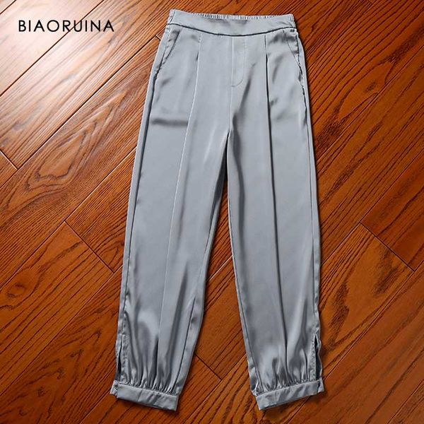 

women's pants & capris biaoruina satin comfortable cool ankle-length glossy high waist loose slim casual harem fashion trousers, Black;white