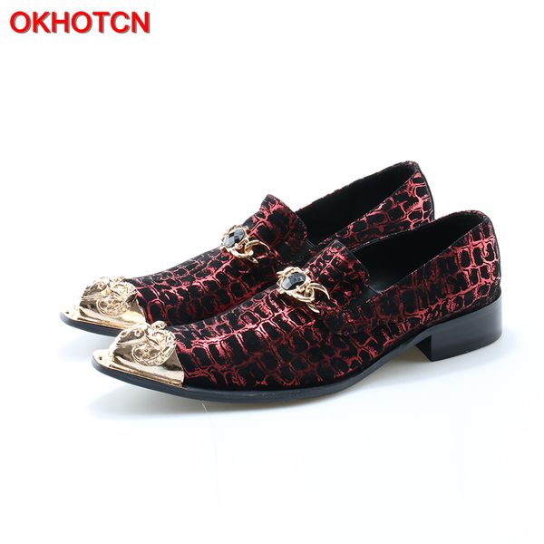 

okn chaussure homme italian shoes men velet print leather red wedding shoes dress slippers metal pointed toe mens suit, Black
