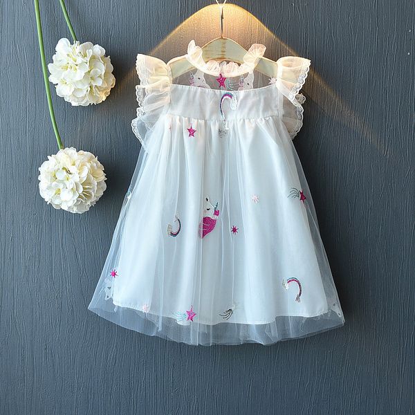 

girls princess dress new summer kids petal sleeve lace party dresses sweet unicorn embroidery dress children clothing vestidos 2-6y, Red;yellow
