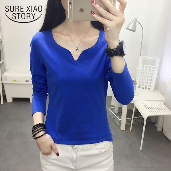 

women tshirt 2019 autumn fashion slim v-neck comfortable bamboo cotton long sleeve bottoming t shirt women blue 7199 50, White