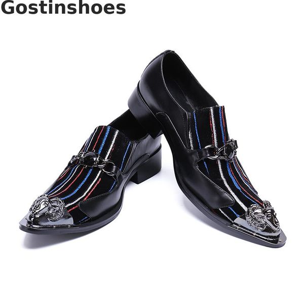 

fashion men shoes strpied genuine leather men casual loafers metal capped toe pointed leisure shoes business wedding party, Black
