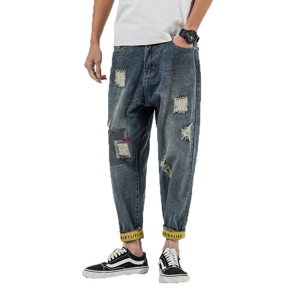 

2019 men's jeans stretch destroyed ripped design fashion ankle zipper skinny jeans for men hip hop plus size 28-42, Blue